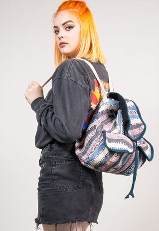 90'S VINTAGE BLUE AZTEC PATTERN HIPPIE BACKPACK RUCKSACK