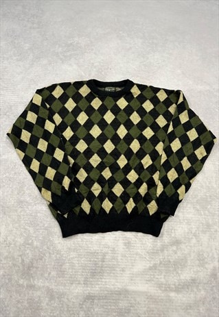 VINTAGE KNITTED JUMPER ABSTRACT PATTERNED GRANDAD SWEATER