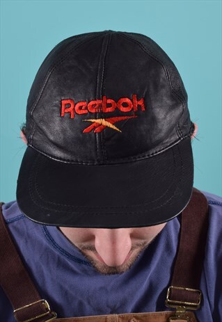 VINTAGE REEBOK BLACK EMBROIDERED LEATHER CAP