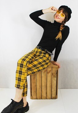 Lined Checked High Waisted Mom Tapered Cigarette Pants