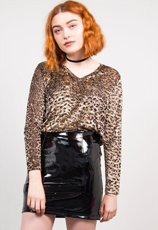 VINTAGE 90'S ANIMAL PRINT VELVET MESH V-NECK TOP