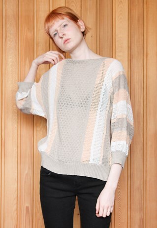 VINTAGE 1980S BROWN AND PEACH STRIPED JUMPER