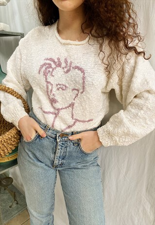 VINTAGE 80S ABSTRACT FACE KNIT MINIMALIST CHIC JUMPER