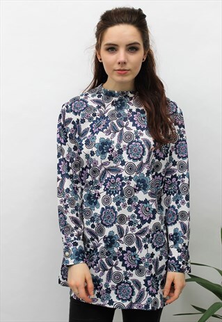 VINTAGE 1960S BLUE & LILAC PAISLEY TUNIC TOP