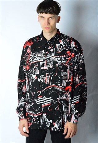 VINTAGE 90S BLACK RED ABSTRACT LONG SLEEVE SHIRT