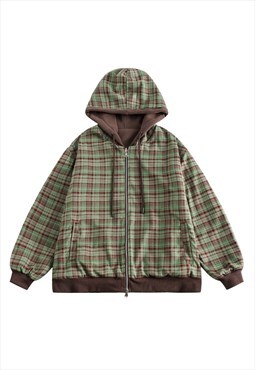 Reversible hooded jacket two sided checked bomber in green