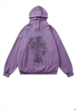 Gothic print hoodie religion pullover clip on top in purple