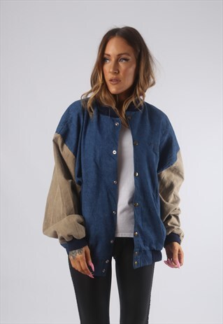 VINTAGE VARSITY DENIM BOMBER JACKET OVERSIZED UK 16 (72E)