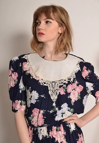 VINTAGE 80S FLORAL LACE COLLAR WAISTED MAXI DRESS IN BLUE