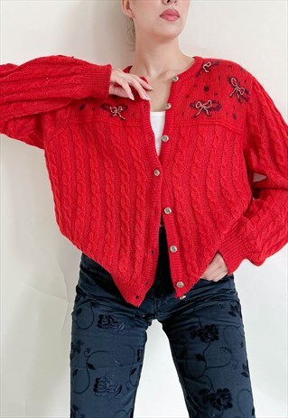 VINTAGE 80S BOXY BOW BEAD EMBROIDERY RED KNIT CARDIGAN M