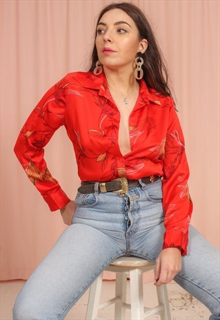 VINTAGE 80S RED SATIN BLOUSE IN FLORAL PRINT