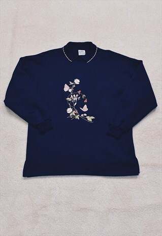 VINTAGE 90S NAVY FLORAL EMBROIDERED SWEATER
