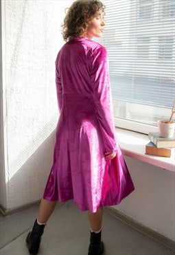Vintage 80's Midi Hot Pink Velvet Long Sleeved Dress