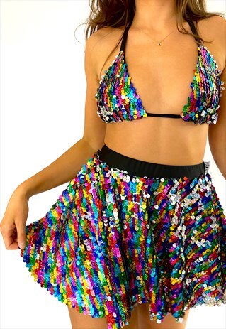 RAINBOW SEQUIN SKATER MINI SKIRT PEA STREET 