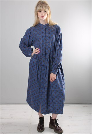 VINTAGE 80S LAURA ASHLEY OVERSIZE BAGGY BLUE PATTERNED DRESS