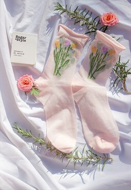 Pastel Pink Netted Tulip Print Socks