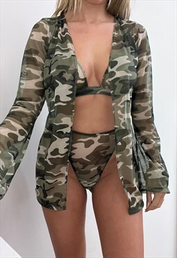 Triangle Bra and Thong with Robe Shirt in Camo Mesh