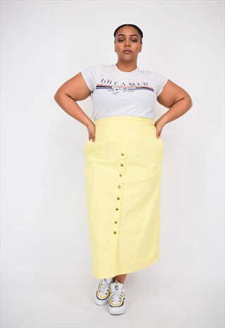VINTAGE 90'S YELLOW DENIM FULL LENGTH SKIRT WITH BUTTONS