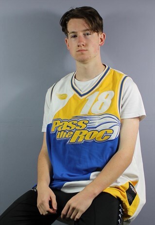 VINTAGE PASS THE ROC BASKETBALL JERSEY IN BLUE WITH EMBROIDE