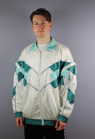 VINTAGE NYLON FESTIVAL WINDBREAKER IN WHITE WITH GREEN DETAI