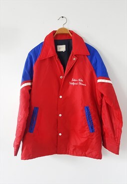 80s Red Varsity Nylon Coach Jacket, Puffer Varsity Jacket