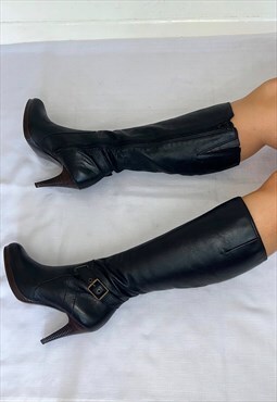 Leather Black Buckle Vintage Knee High Boots