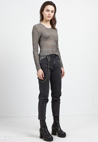 VINTAGE GREY LONG SLEEVE SEE THROUGH KNIT TOP