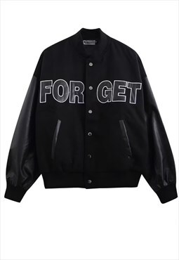 Faux leather varsity jacket heart patch embroidery bomber