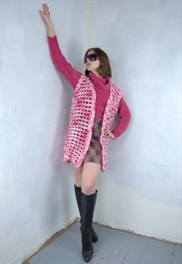 Vintage Y2K Shine Pink Bright Knitted Crochet Sequin Vest 
