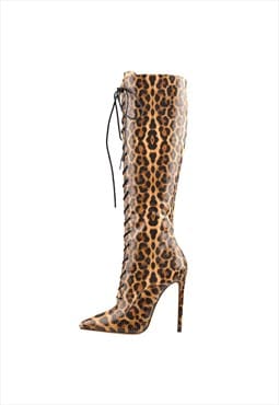 Lace up Leopard Pointed Toe Knee High Boots