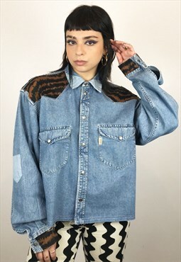 Upcycled Denim Shirt In Blue Denim And Tiger Print