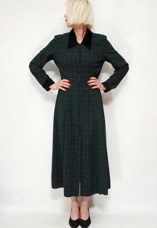 VINTAGE 70' BEAUTIFUL AMAZING LONG CHECKED GREEN DRESS