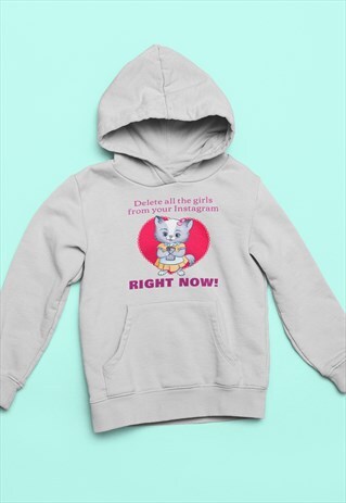 DELETE GIRLS INSTAGRAM CAT WOMEN GREY HOODIE RETRO