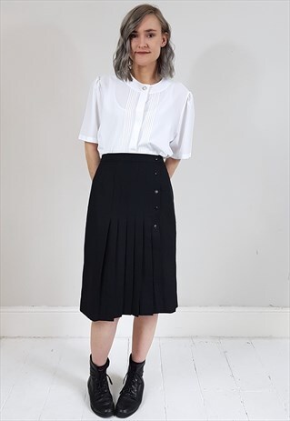 VINTAGE 80'S BLACK PLEATED SIDE BUTTON WRAP SKIRT