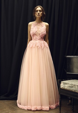 LONG NET SKIN COLOUR EVENING DRESS DECORATED WITH FLOWERS