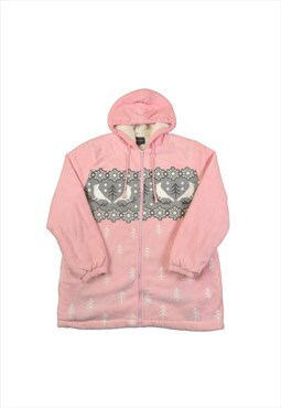 Vintage Fleece Hooded Jacket Retro Pattern Pink Ladies M