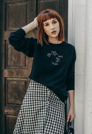 EMBROIDERED A LOT OF SHARKS BLACK SWEATER