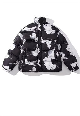 Paint splatter bomber Milk print cow puffer jacket in black