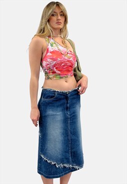 Vintage Distressed Denim Midi Skirt -L