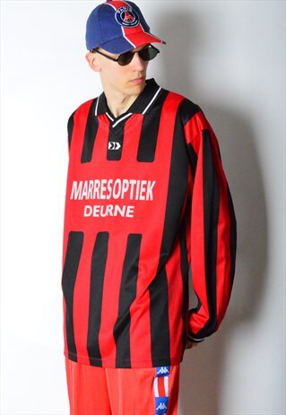 VINTAGE 90S RED BLACK STRIPED HUMMEL SPORTS SHIRT