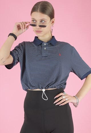 VINTAGE 90S REWORKED RALPH LAUREN CROP TOP POLO SHIRT BLUE