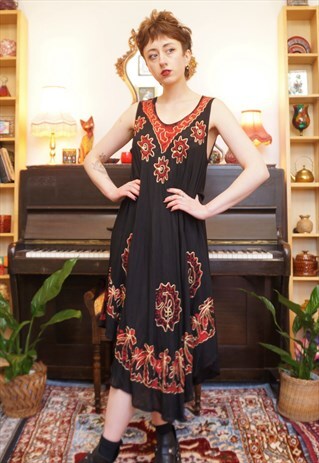 VINTAGE 90S PAISLEY EMBROIDRED HIPPY MIDI BEACH DRESS