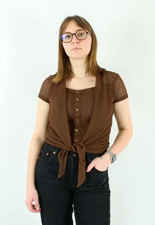 SEE THROUGH BLOUSE SHIRT BUTTON UP TOP BROWN SHORT SLEEVE