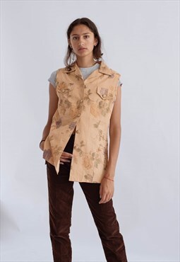Vintage 80s Sleeveless Floral Embroidered Shirt in Beige S