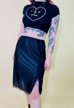 Vintage 00s Y2K 90s Black Satin Lace Detail Midi Skirt