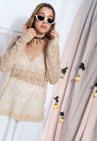 VINTAGE LACE KNIT JUMPER 90S V NECK OVERSIZED SWEATER