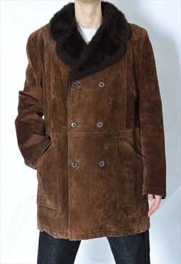 Vintage 60s Brown Warm Winter Suede Minimalist Leather Coat