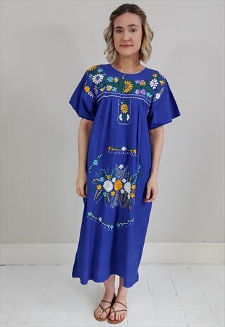 VINTAGE 70'S BLUE AND YELLOW EMBROIDERED BOHO MEXICAN DRESS