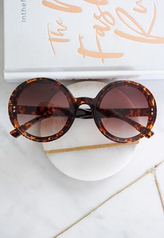 BROWN TORTOISE SHELL ROUND OVERSIZED RETRO SUNGLASSES