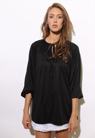 VINTAGE 1970'S 70'S GEOFFREY BEENE BLACK PIRATE BLOUSE M-L